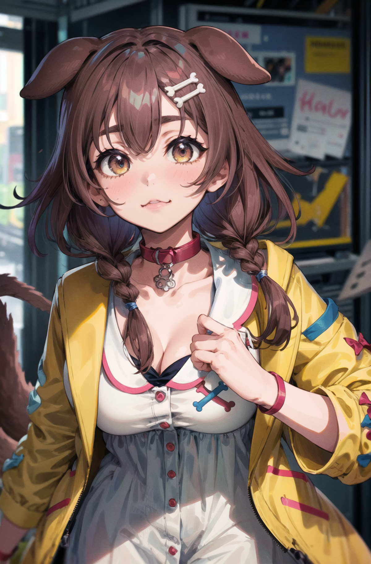 03239-1186123826-ik1, 1girl, white dress, yellow jacket, dog tail, animal collar, cleavage, medium breasts, wristband, cartoon bone, hairclip,  _.png